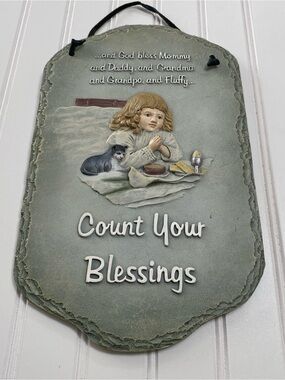 Count Your Blessings Wall Plaque - Green/Grey hanging Cat Children